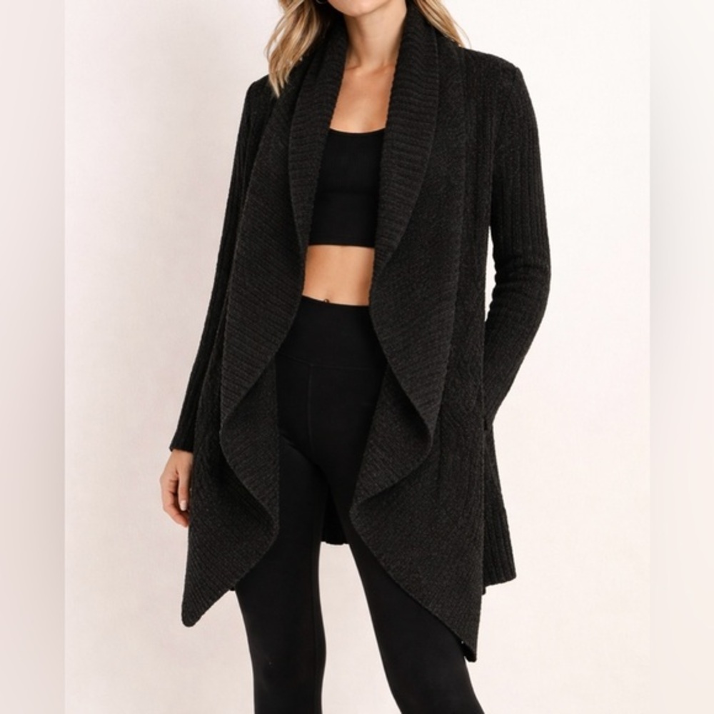 Seven7 Black Bouclé Open Cardigan Sweater L Cozy Drape Shawl Collar Soft Luxe